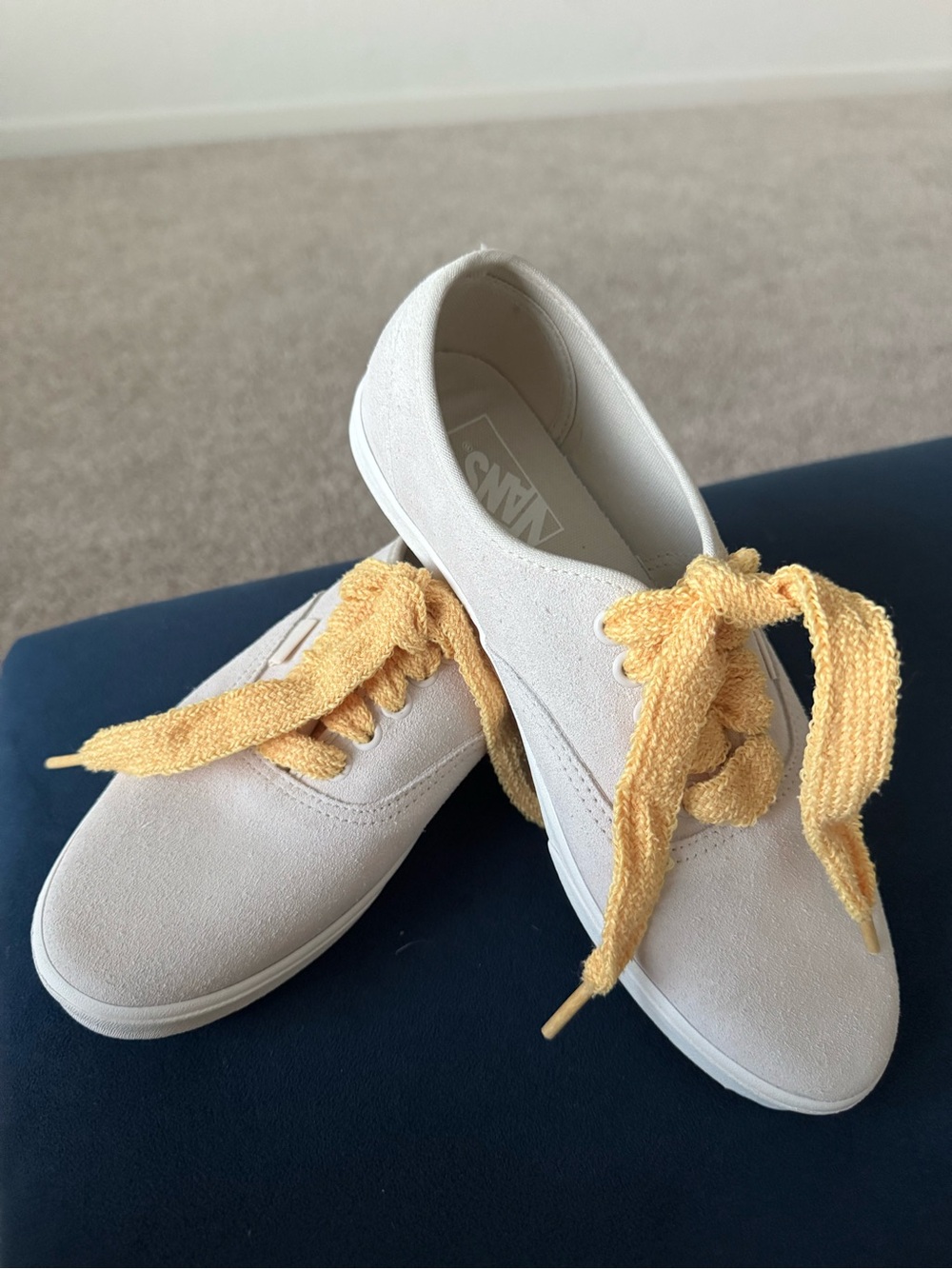 Vans Cream Low-Top Sneakers with Yellow Crocheted Laces